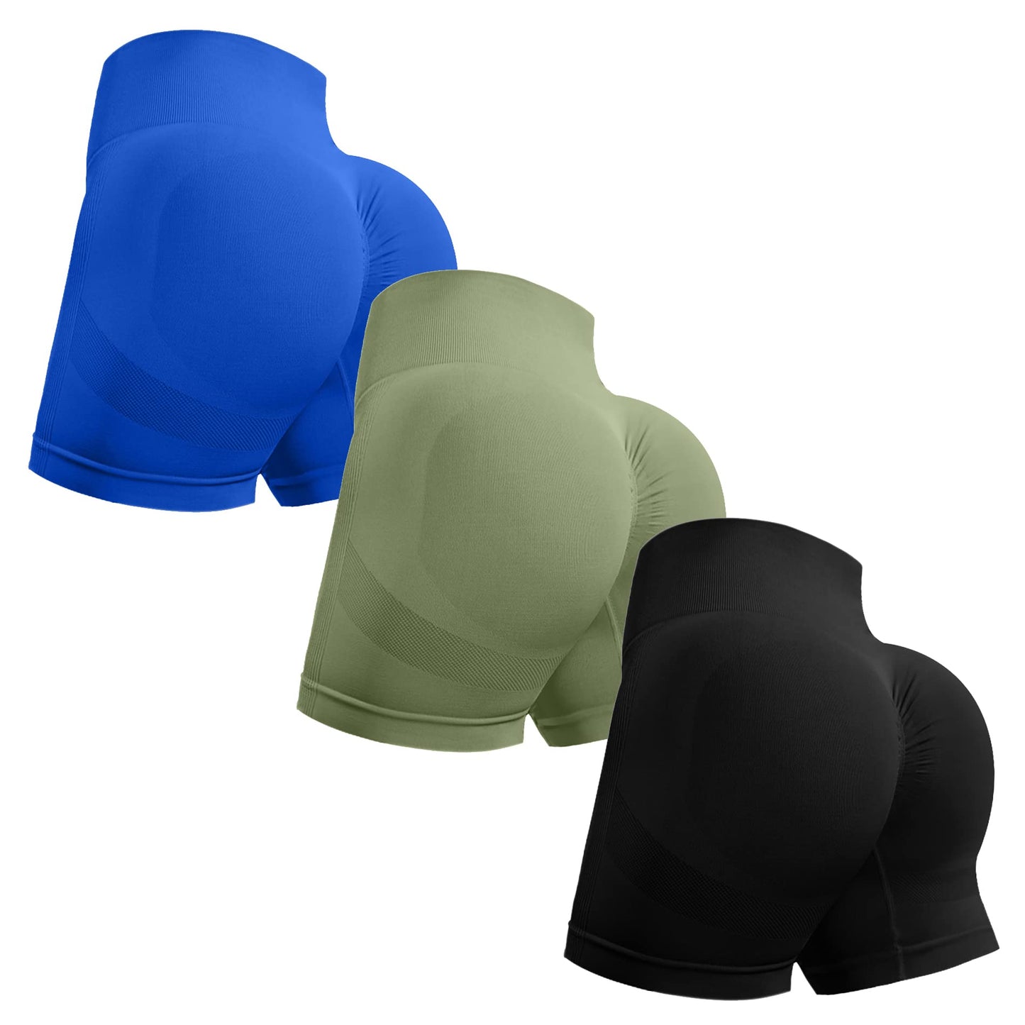 OVESPORT 3 Piece Workout Shorts for Women Seamless Scrunch Butt Lifting High Waisted Yoga Gym Booty Running Short Pants