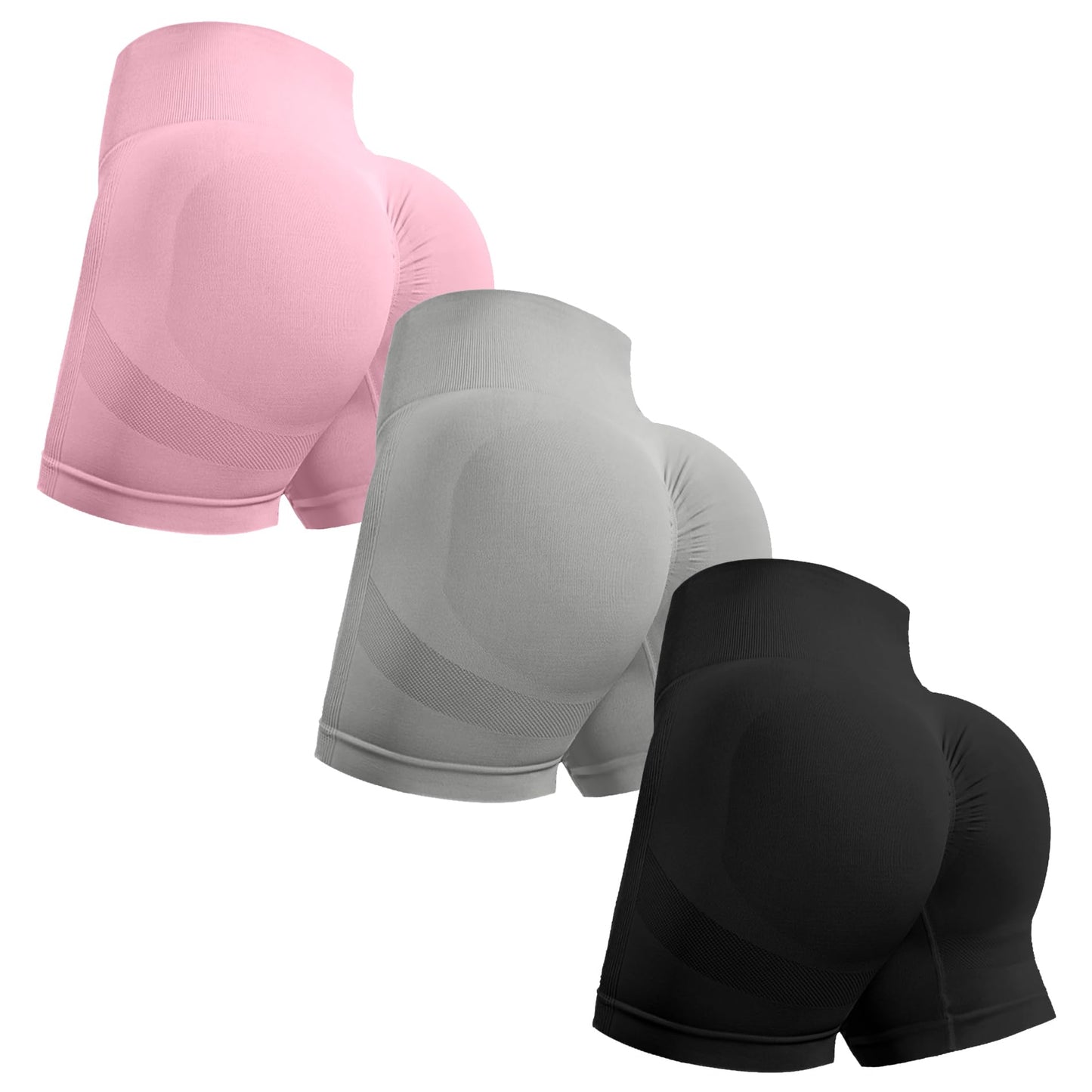 OVESPORT 3 Piece Workout Shorts for Women Seamless Scrunch Butt Lifting High Waisted Yoga Gym Booty Running Short Pants