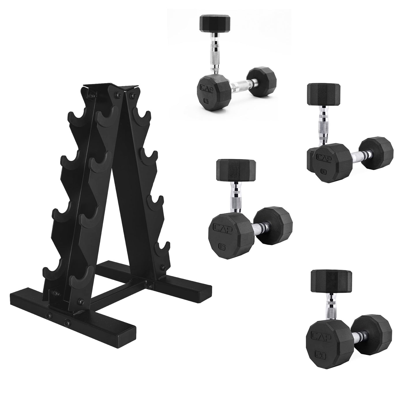 CAP Barbell 150 LB Coated Hex Dumbbell Weight Set with Vertical Rack, Black