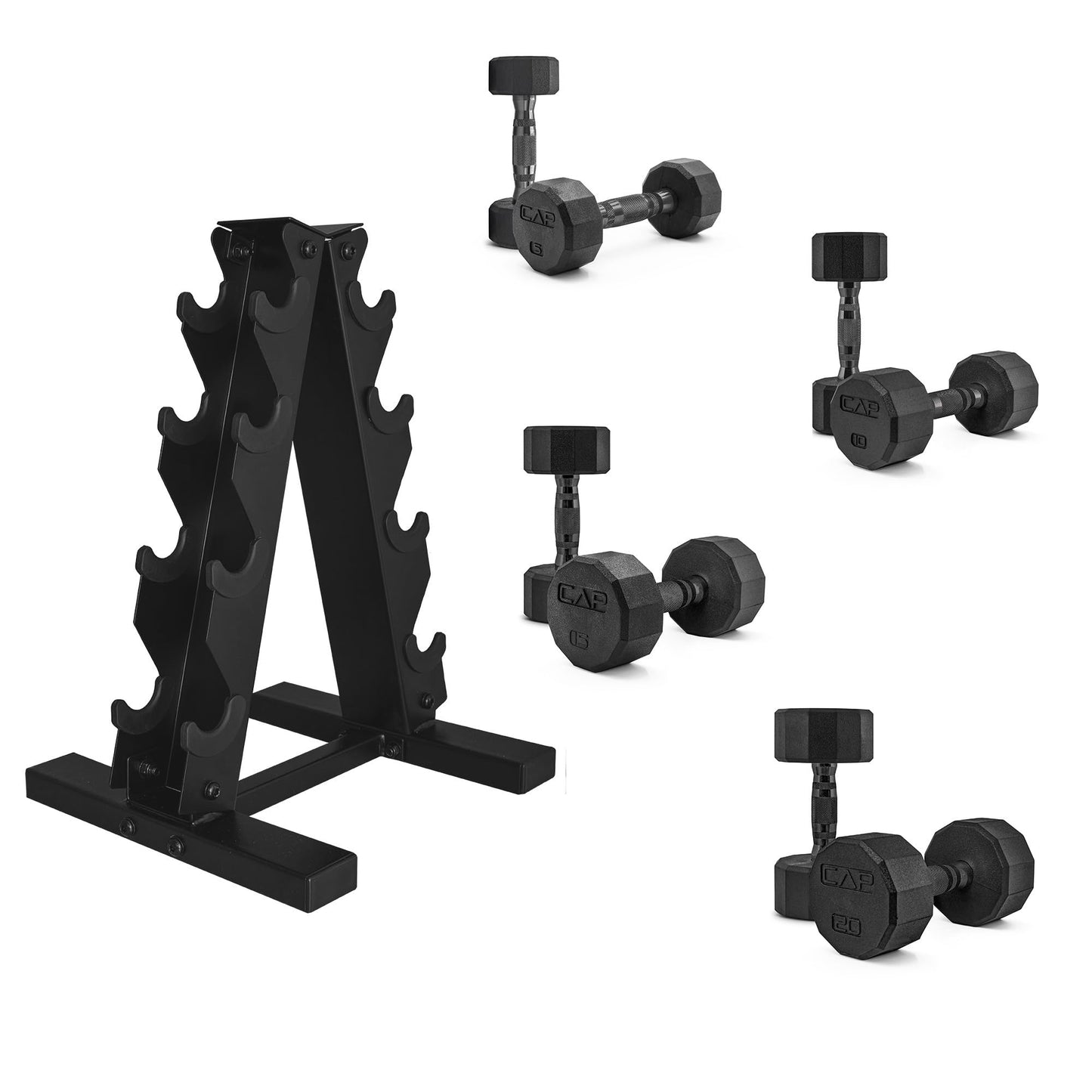 CAP Barbell 150 LB Coated Hex Dumbbell Weight Set with Vertical Rack, Black
