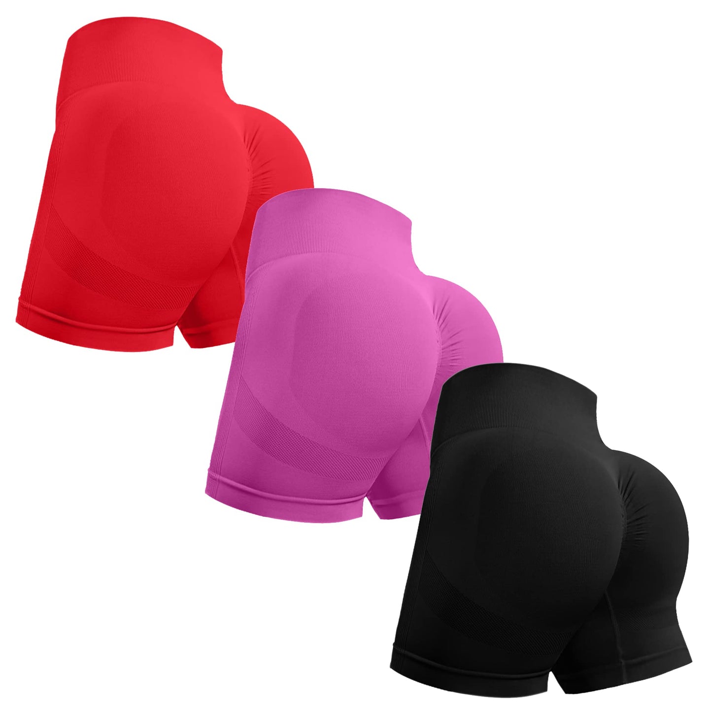 OVESPORT 3 Piece Workout Shorts for Women Seamless Scrunch Butt Lifting High Waisted Yoga Gym Booty Running Short Pants