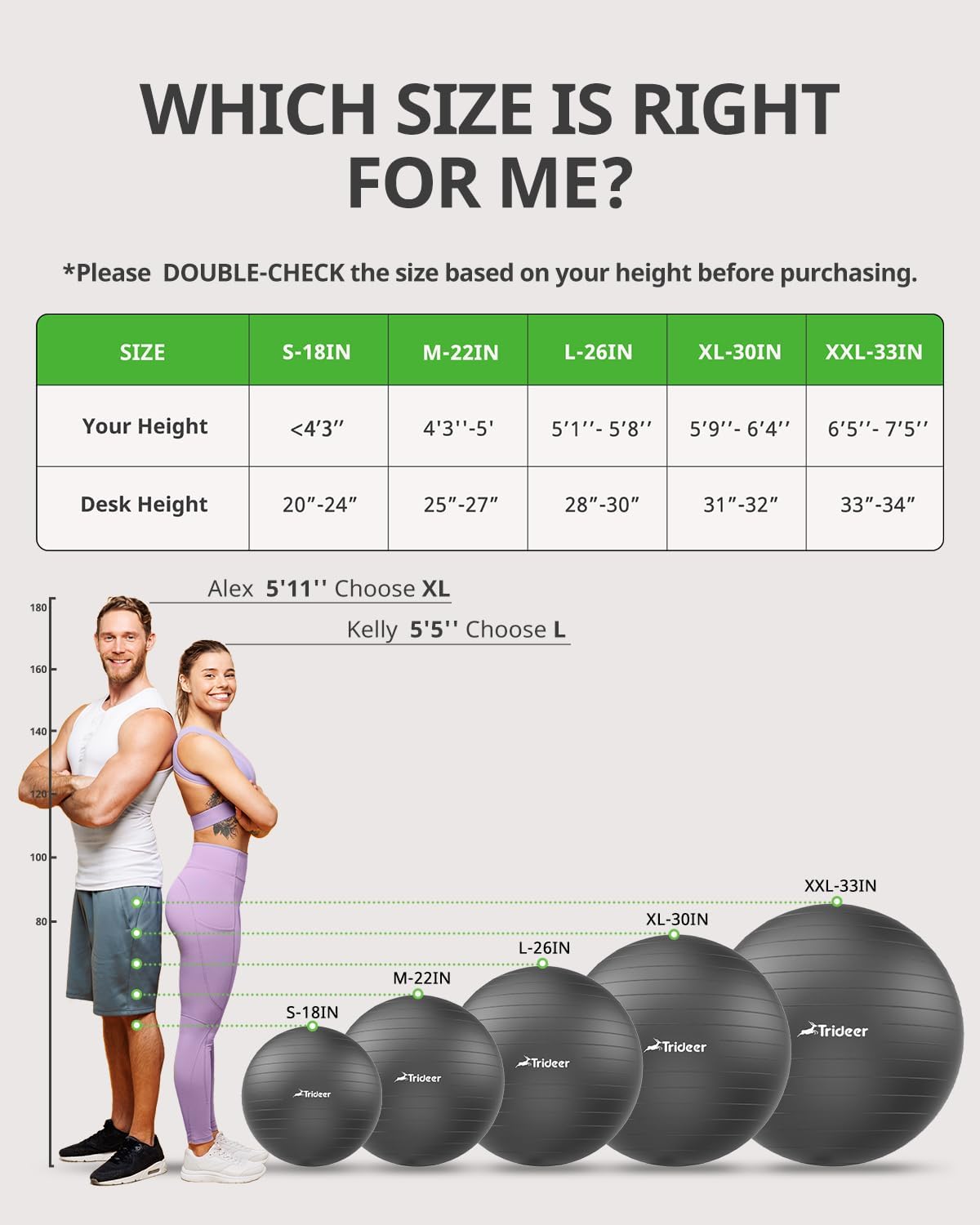Trideer Yoga Ball for Exercise, Pregnancy & Birthing, 5 Sizes Exercise Ball for Physical Therapy, Stability, Fitness, Quick Pump Included