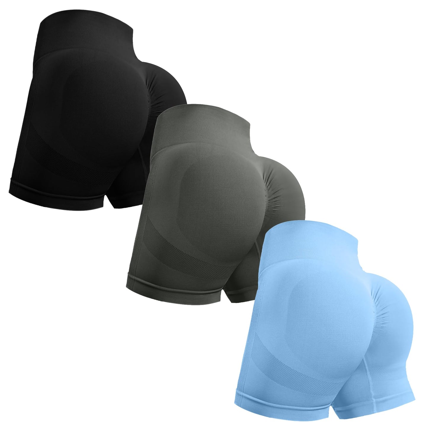 OVESPORT 3 Piece Workout Shorts for Women Seamless Scrunch Butt Lifting High Waisted Yoga Gym Booty Running Short Pants