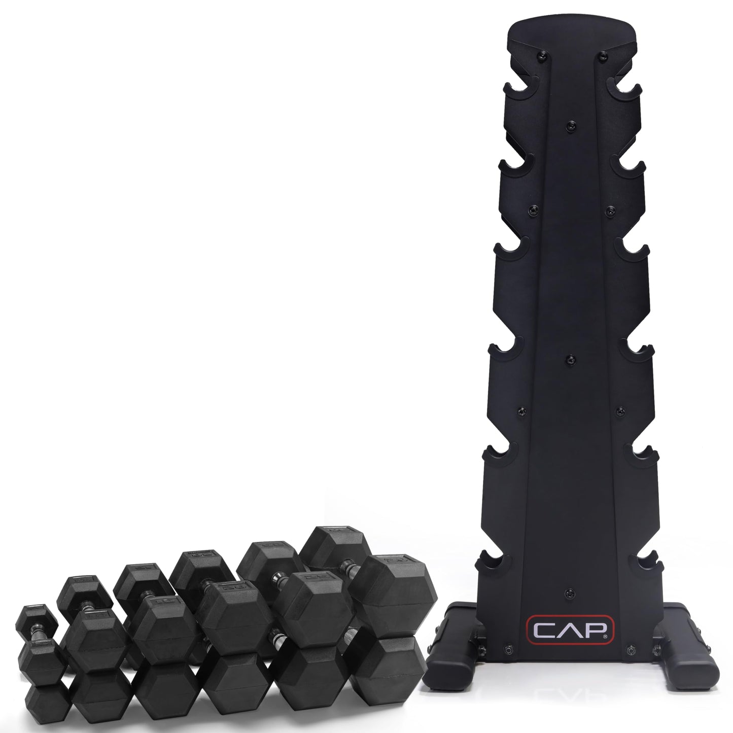 CAP Barbell 150 LB Coated Hex Dumbbell Weight Set with Vertical Rack, Black