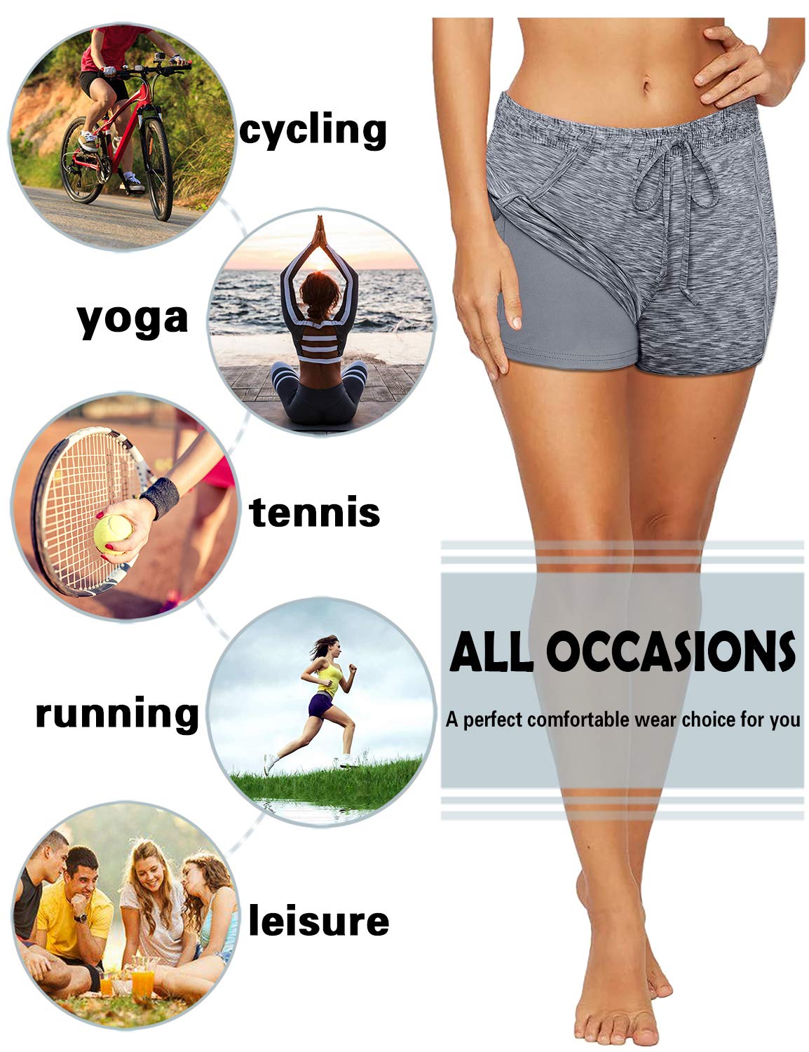BLEVONH Women Yoga Running Shorts 2 in 1 Workout Athletic Shorts with Pockets Black Grey XL