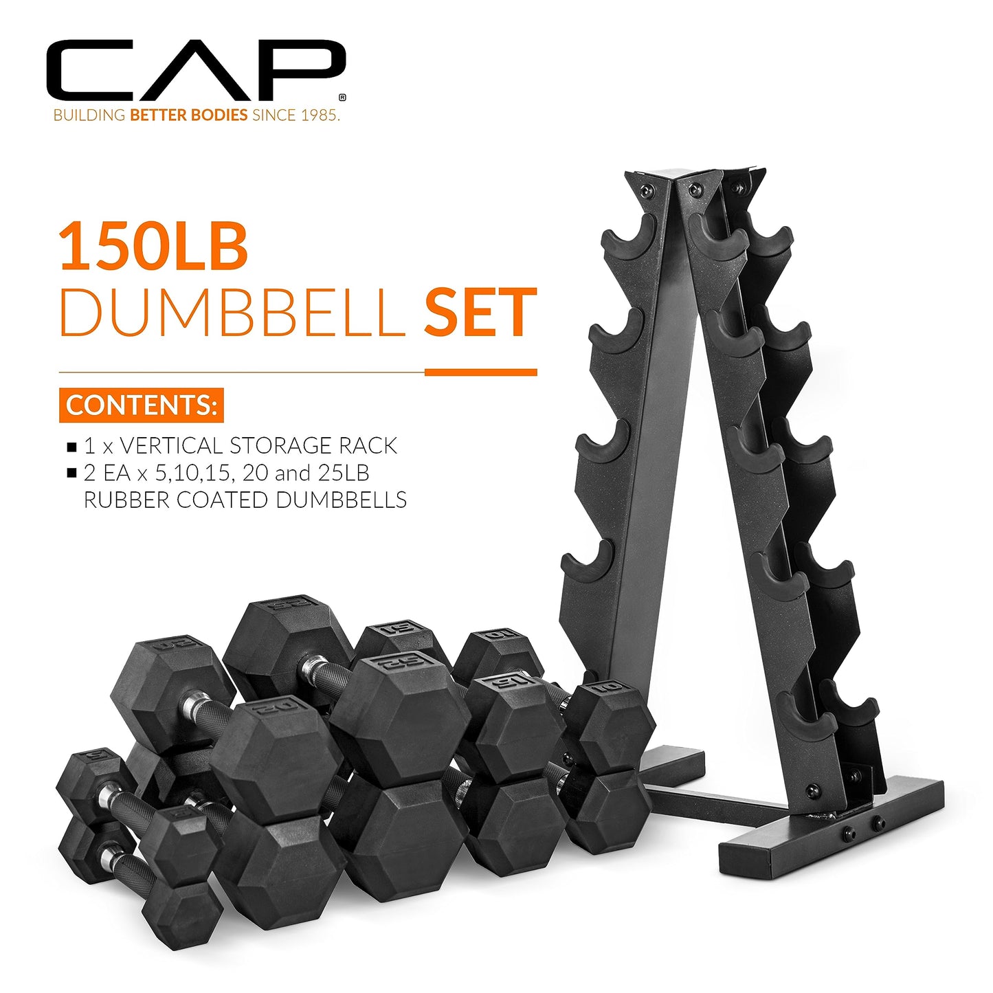 CAP Barbell 150 LB Coated Hex Dumbbell Weight Set with Vertical Rack, Black
