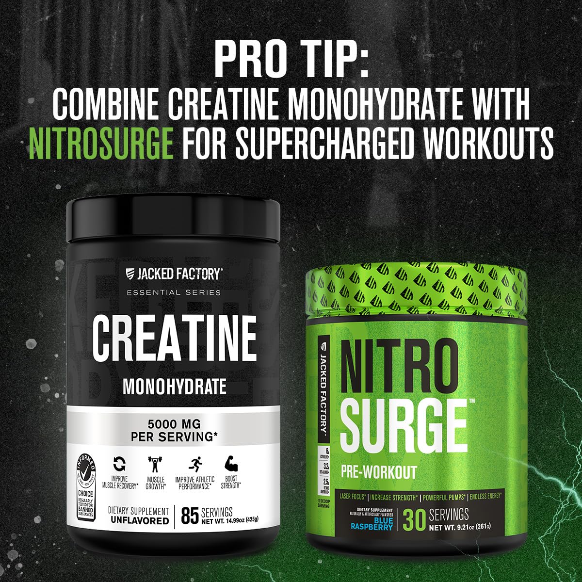 Jacked Factory Creatine + Glutamine - Creatine Supplement with L-Glutamine for Muscle Recovery, Muscle Growth, Increased Strength, Enhanced Energy Output, and Gut Health - 30 Servings, Unflavored