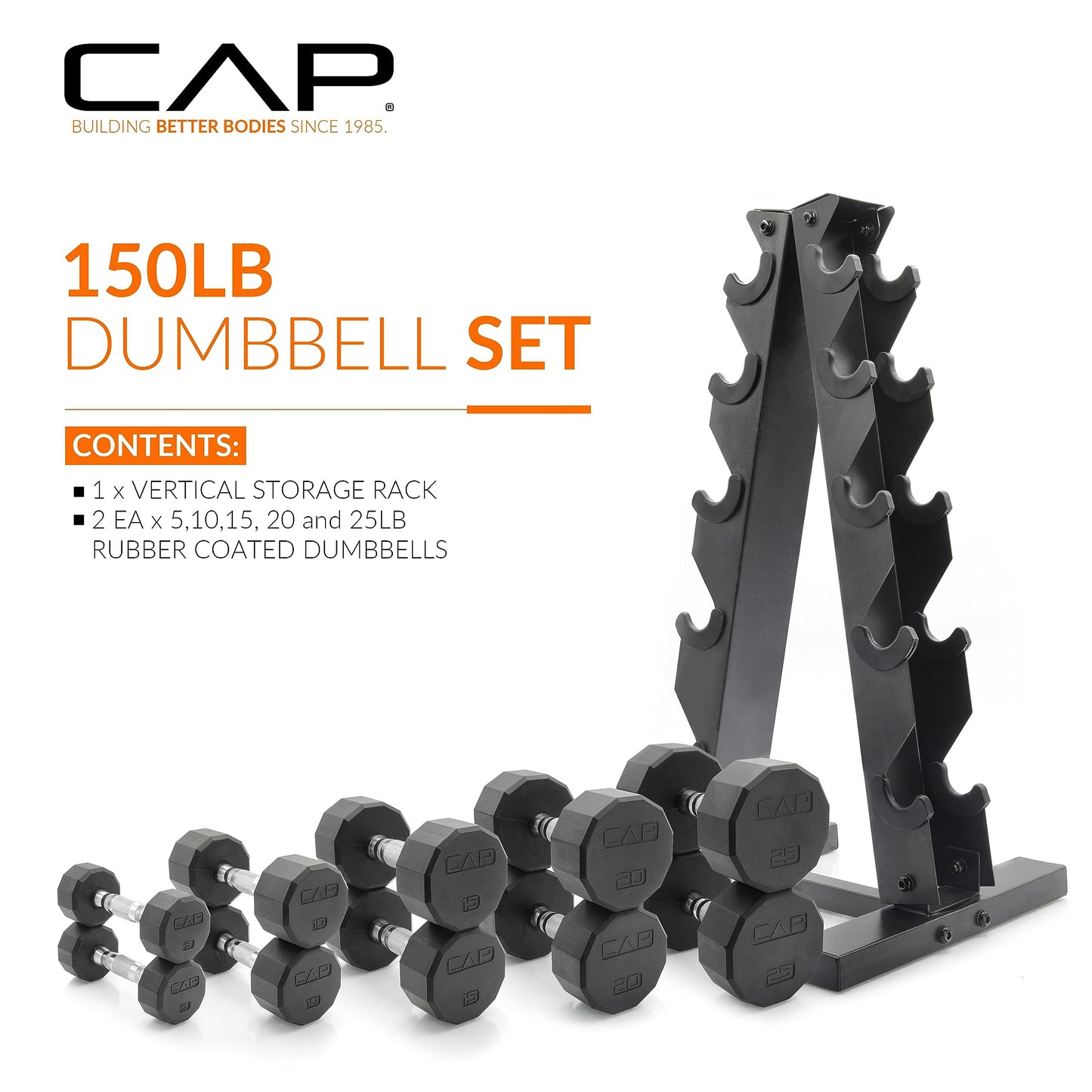CAP Barbell 150 LB Coated Hex Dumbbell Weight Set with Vertical Rack, Black