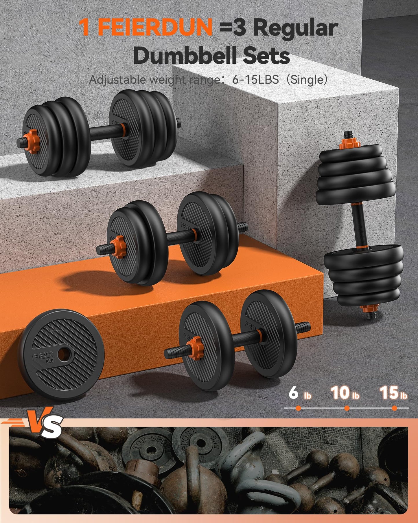 FEIERDUN Adjustable Dumbbells, 45lbs Free Weight Set with Connector, 4 in1 Dumbbells Set Used as Barbell, Kettlebells, Push up Stand, Fitness Exercises for Home Gym Suitable Men/Women