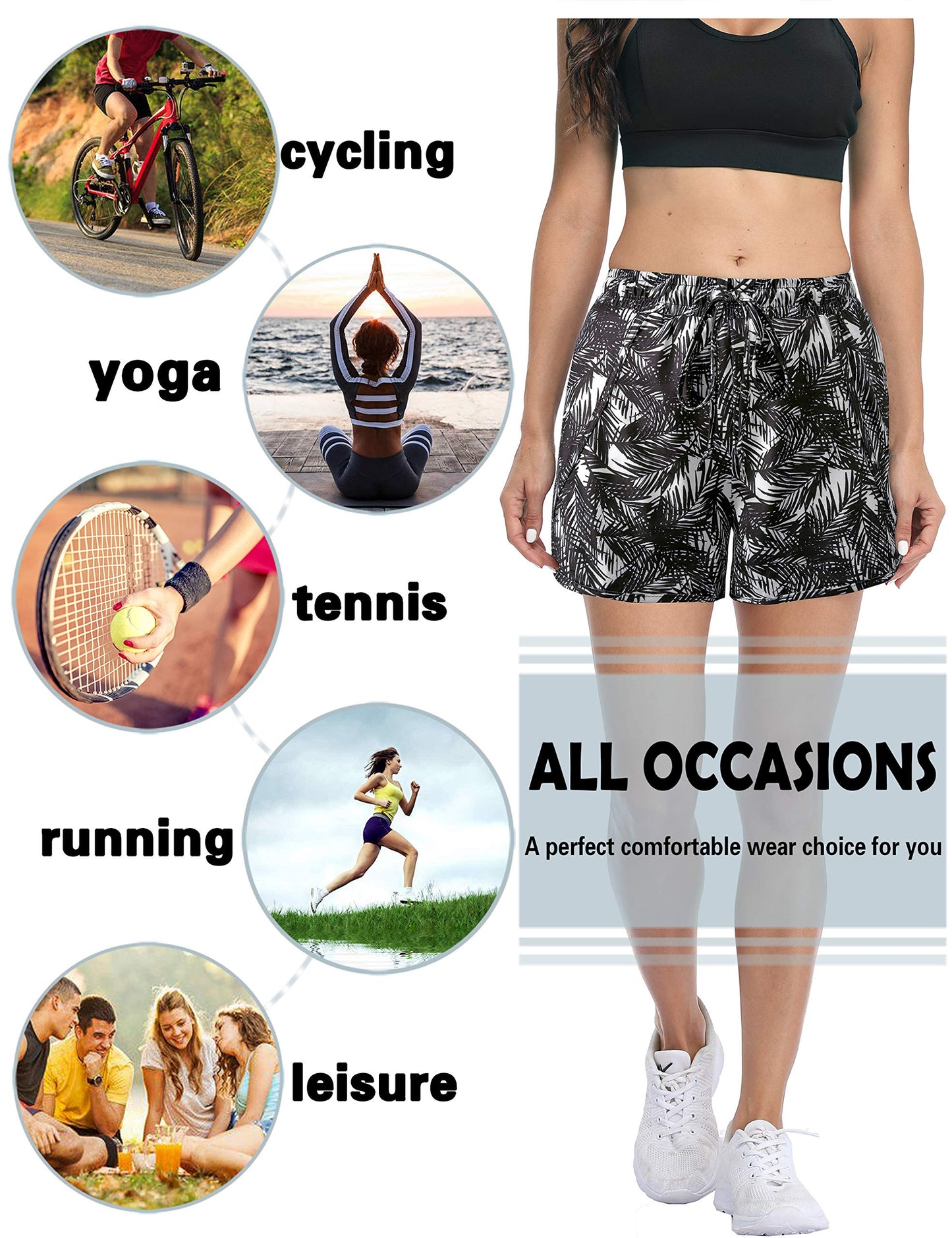 BLEVONH Women Yoga Running Shorts 2 in 1 Workout Athletic Shorts with Pockets Black Grey XL