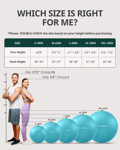 Trideer Yoga Ball for Exercise, Pregnancy & Birthing, 5 Sizes Exercise Ball for Physical Therapy, Stability, Fitness, Quick Pump Included