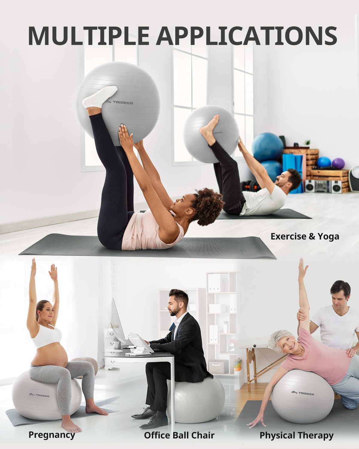 Trideer Yoga Ball for Exercise, Pregnancy & Birthing, 5 Sizes Exercise Ball for Physical Therapy, Stability, Fitness, Quick Pump Included