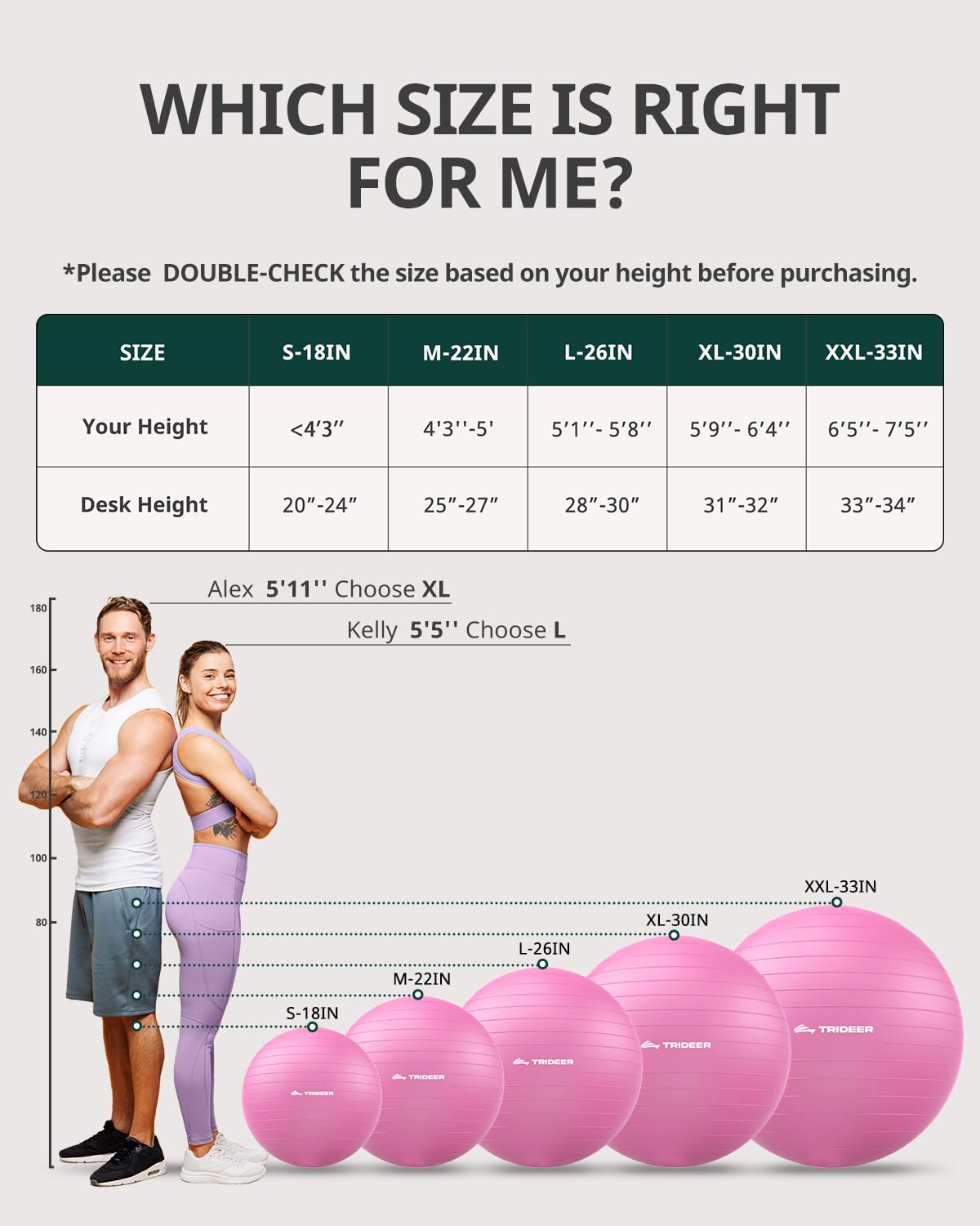 Trideer Yoga Ball for Exercise, Pregnancy & Birthing, 5 Sizes Exercise Ball for Physical Therapy, Stability, Fitness, Quick Pump Included