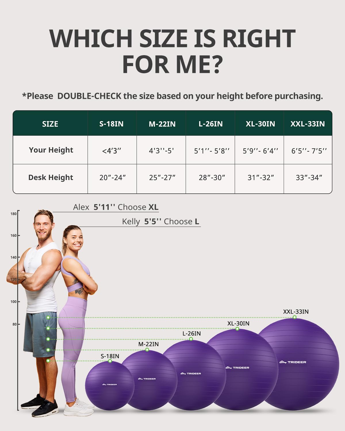 Trideer Yoga Ball for Exercise, Pregnancy & Birthing, 5 Sizes Exercise Ball for Physical Therapy, Stability, Fitness, Quick Pump Included