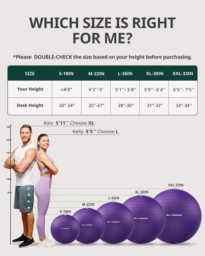 Trideer Yoga Ball for Exercise, Pregnancy & Birthing, 5 Sizes Exercise Ball for Physical Therapy, Stability, Fitness, Quick Pump Included