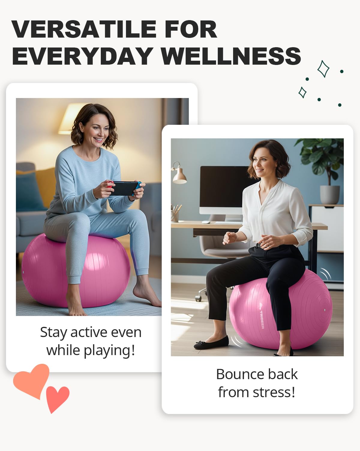Trideer Yoga Ball for Exercise, Pregnancy & Birthing, 5 Sizes Exercise Ball for Physical Therapy, Stability, Fitness, Quick Pump Included