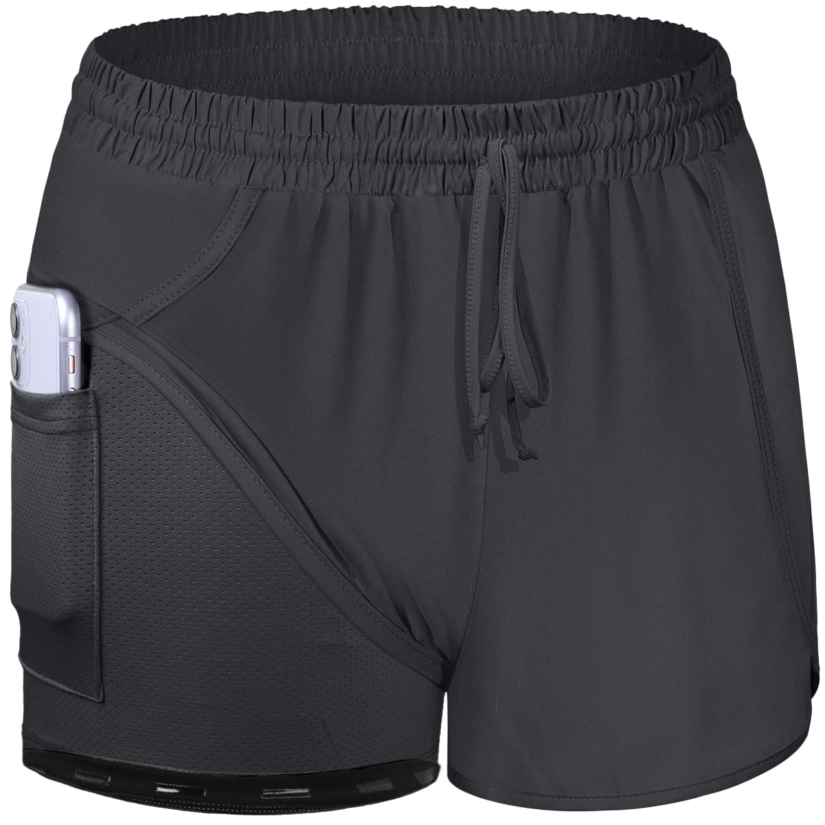 BLEVONH Women Yoga Running Shorts 2 in 1 Workout Athletic Shorts with Pockets Black Grey XL