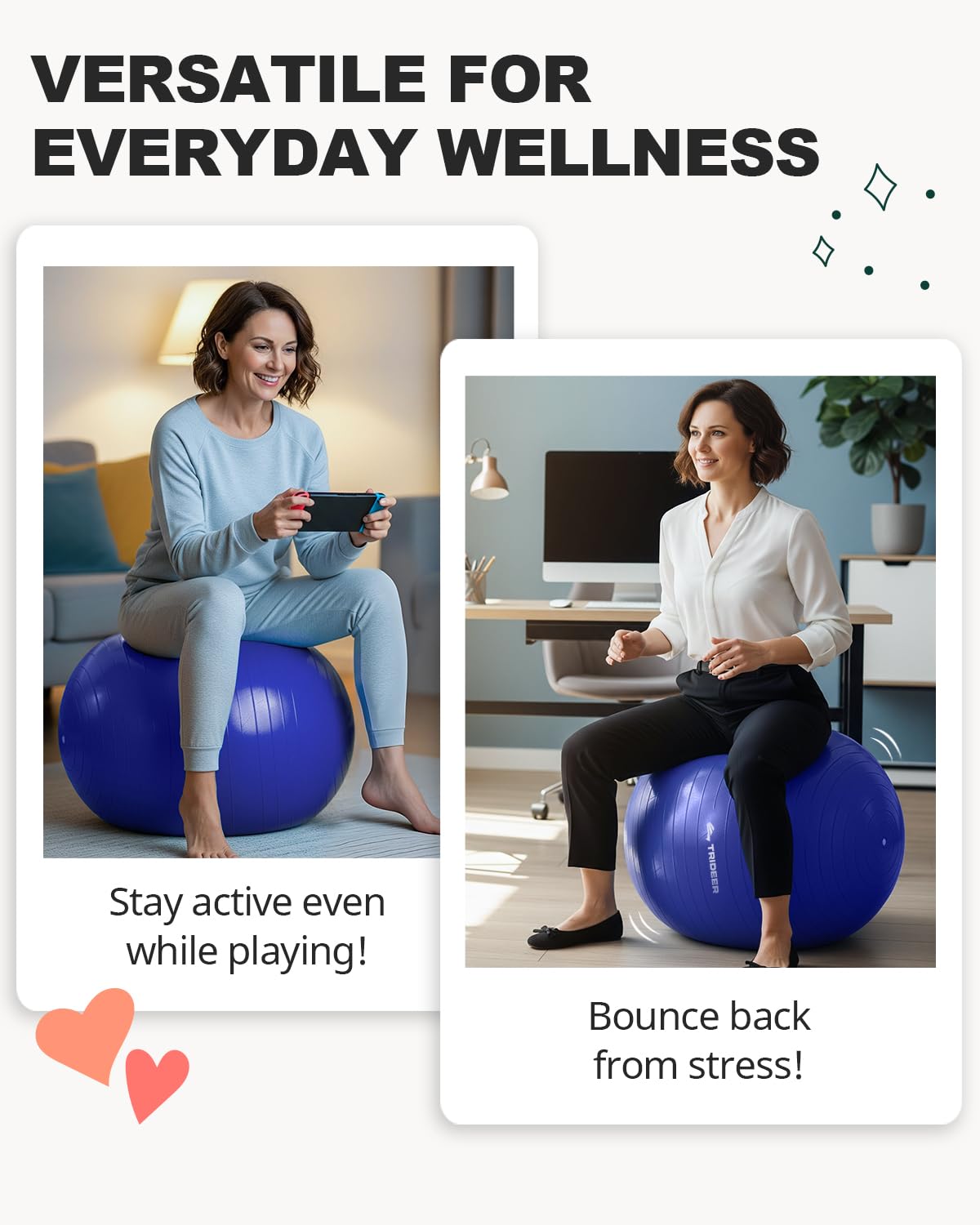 Trideer Yoga Ball for Exercise, Pregnancy & Birthing, 5 Sizes Exercise Ball for Physical Therapy, Stability, Fitness, Quick Pump Included