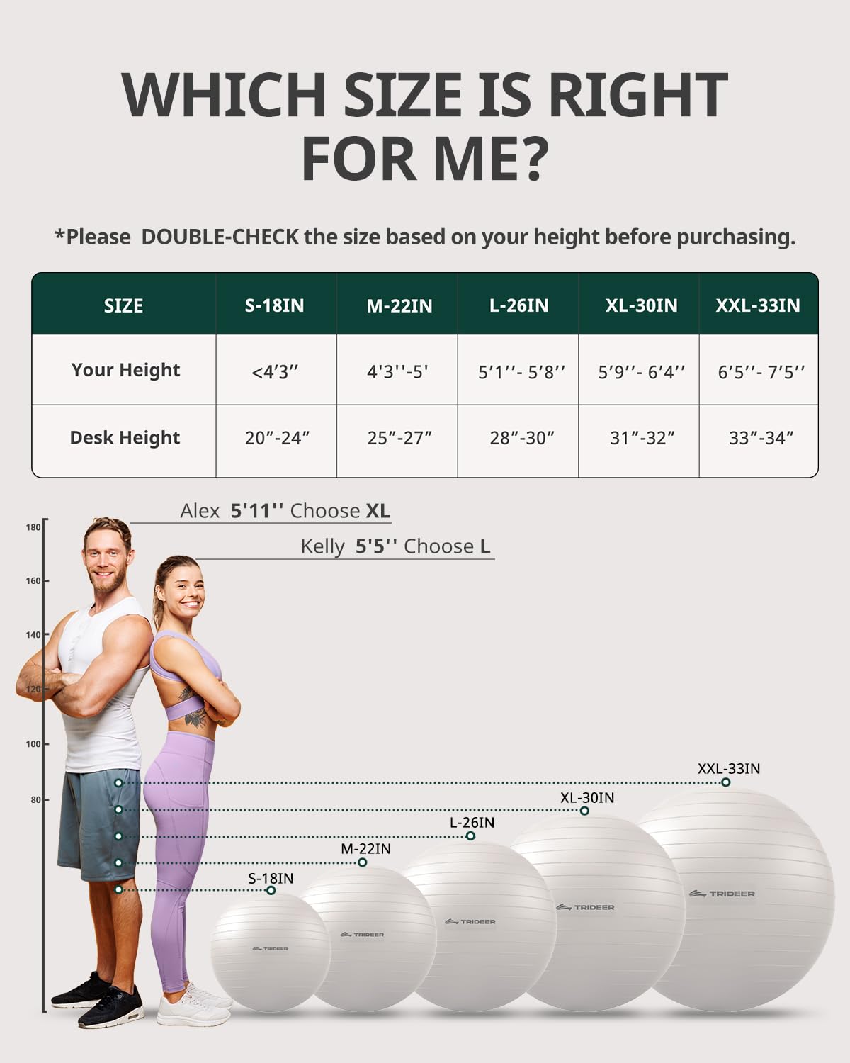 Trideer Yoga Ball for Exercise, Pregnancy & Birthing, 5 Sizes Exercise Ball for Physical Therapy, Stability, Fitness, Quick Pump Included