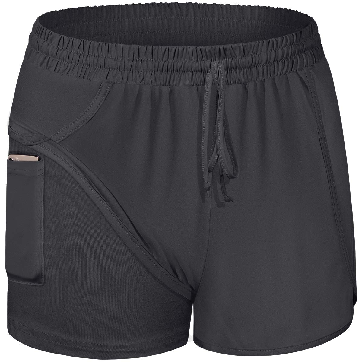 BLEVONH Women Yoga Running Shorts 2 in 1 Workout Athletic Shorts with Pockets Black Grey XL