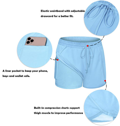 BLEVONH Women Yoga Running Shorts 2 in 1 Workout Athletic Shorts with Pockets Black Grey XL