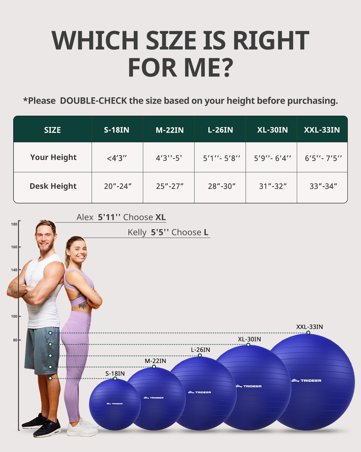 Trideer Yoga Ball for Exercise, Pregnancy & Birthing, 5 Sizes Exercise Ball for Physical Therapy, Stability, Fitness, Quick Pump Included