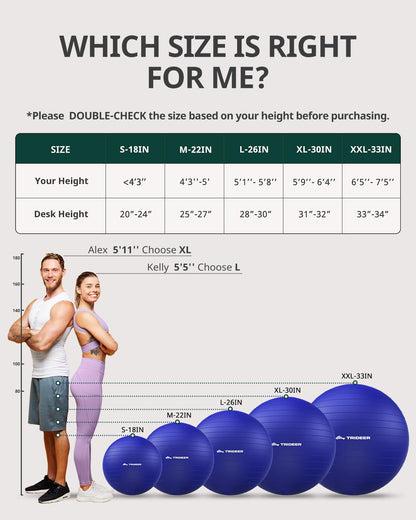 Trideer Yoga Ball for Exercise, Pregnancy & Birthing, 5 Sizes Exercise Ball for Physical Therapy, Stability, Fitness, Quick Pump Included