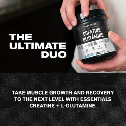 Jacked Factory Creatine + Glutamine - Creatine Supplement with L-Glutamine for Muscle Recovery, Muscle Growth, Increased Strength, Enhanced Energy Output, and Gut Health - 30 Servings, Unflavored