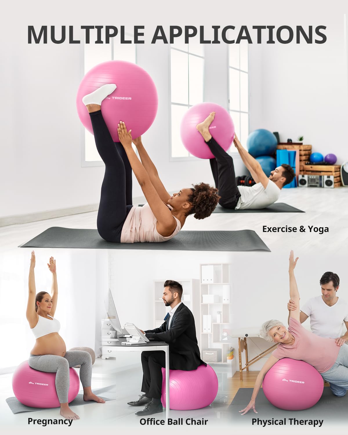 Trideer Yoga Ball for Exercise, Pregnancy & Birthing, 5 Sizes Exercise Ball for Physical Therapy, Stability, Fitness, Quick Pump Included