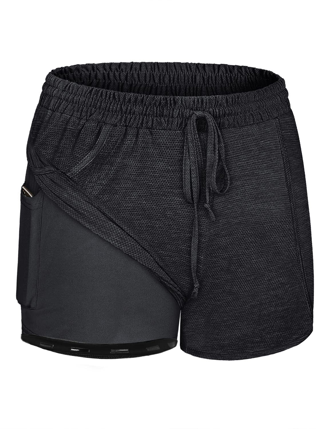 BLEVONH Women Yoga Running Shorts 2 in 1 Workout Athletic Shorts with Pockets Black Grey XL