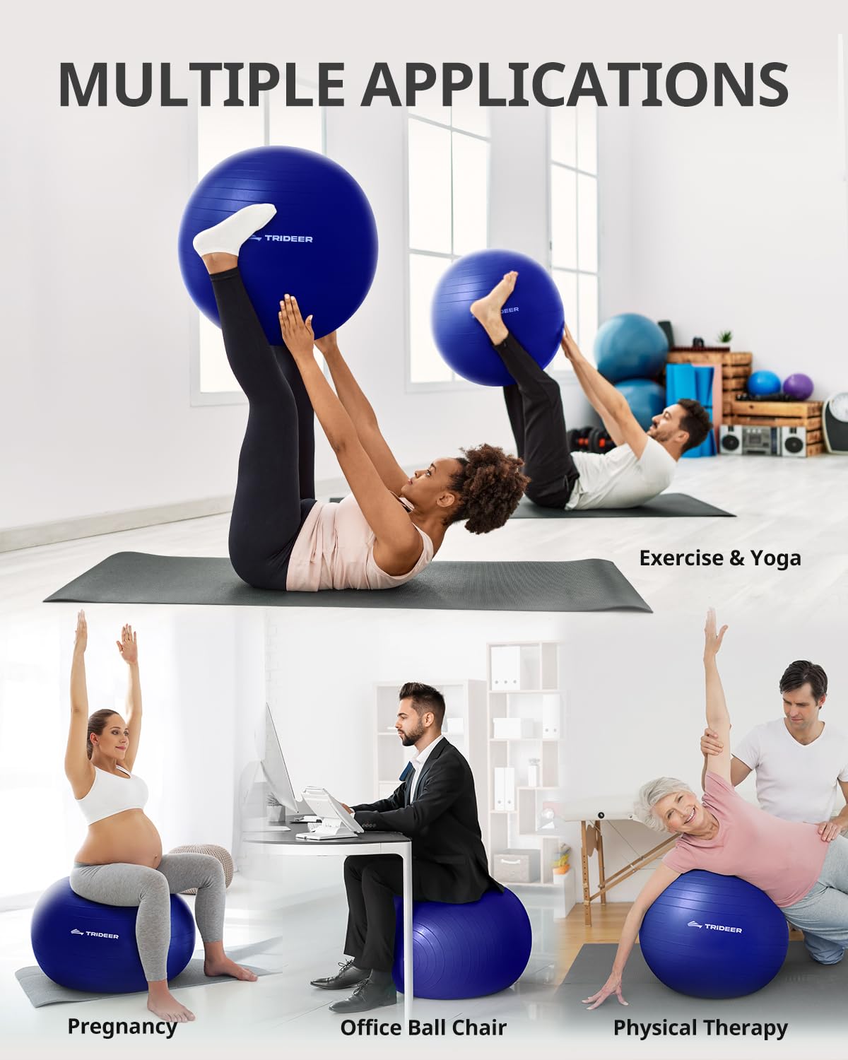 Trideer Yoga Ball for Exercise, Pregnancy & Birthing, 5 Sizes Exercise Ball for Physical Therapy, Stability, Fitness, Quick Pump Included