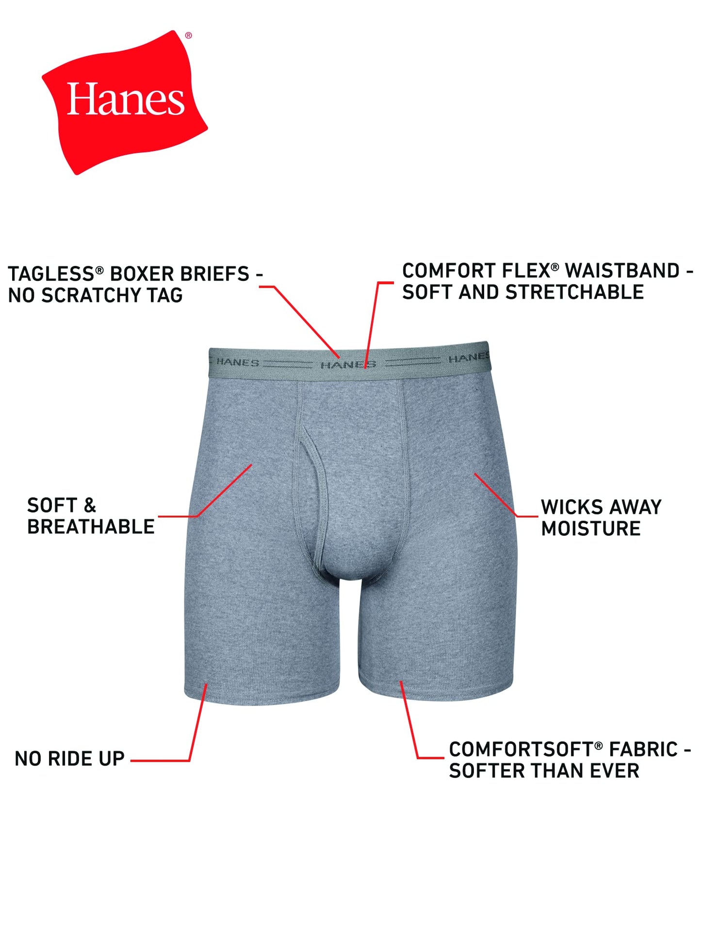 Hanes Men's Boxer Soft Breathable Cotton ComfortFlex Waistband, Multipack Brief Underwear, 6 Pack - Black/Gray, Large