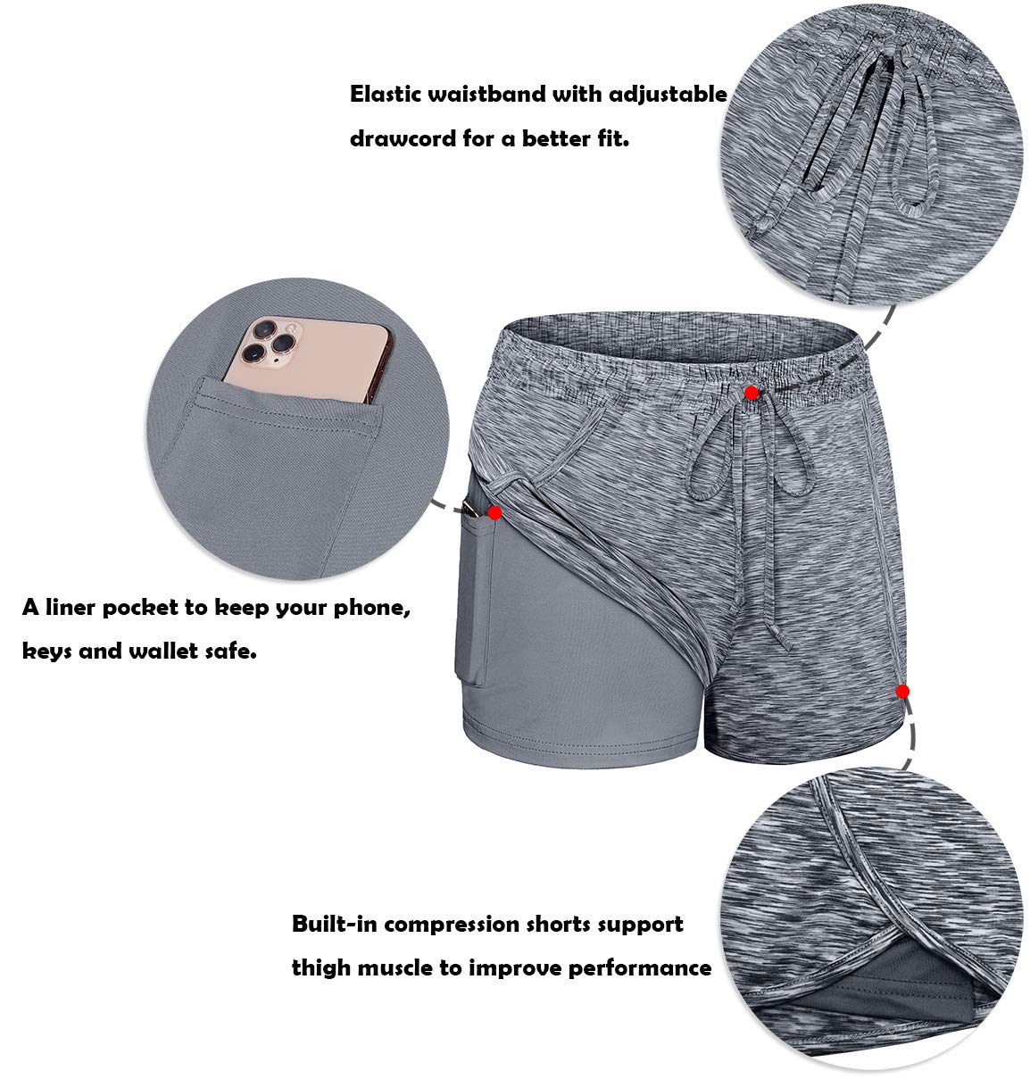 BLEVONH Women Yoga Running Shorts 2 in 1 Workout Athletic Shorts with Pockets Black Grey XL