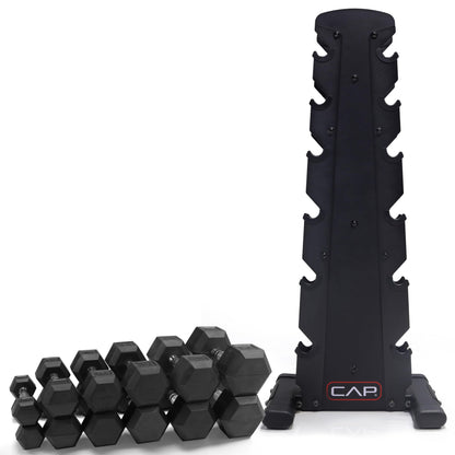CAP Barbell 150 LB Coated Hex Dumbbell Weight Set with Vertical Rack, Black