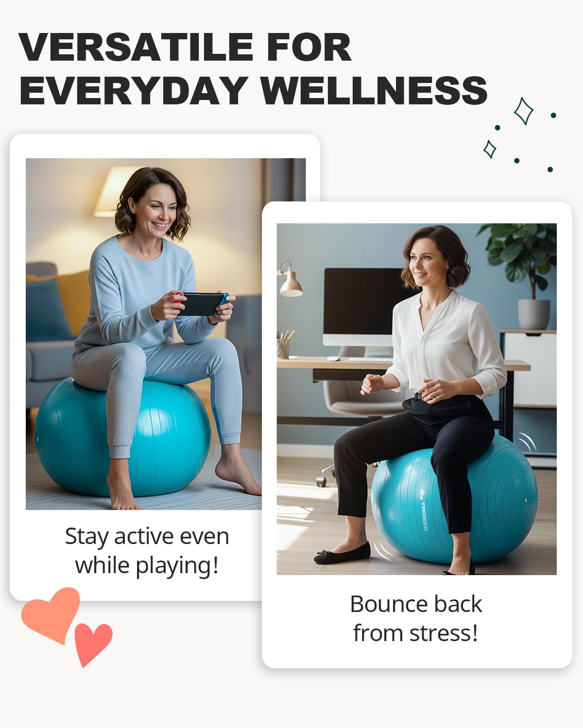 Trideer Yoga Ball for Exercise, Pregnancy & Birthing, 5 Sizes Exercise Ball for Physical Therapy, Stability, Fitness, Quick Pump Included
