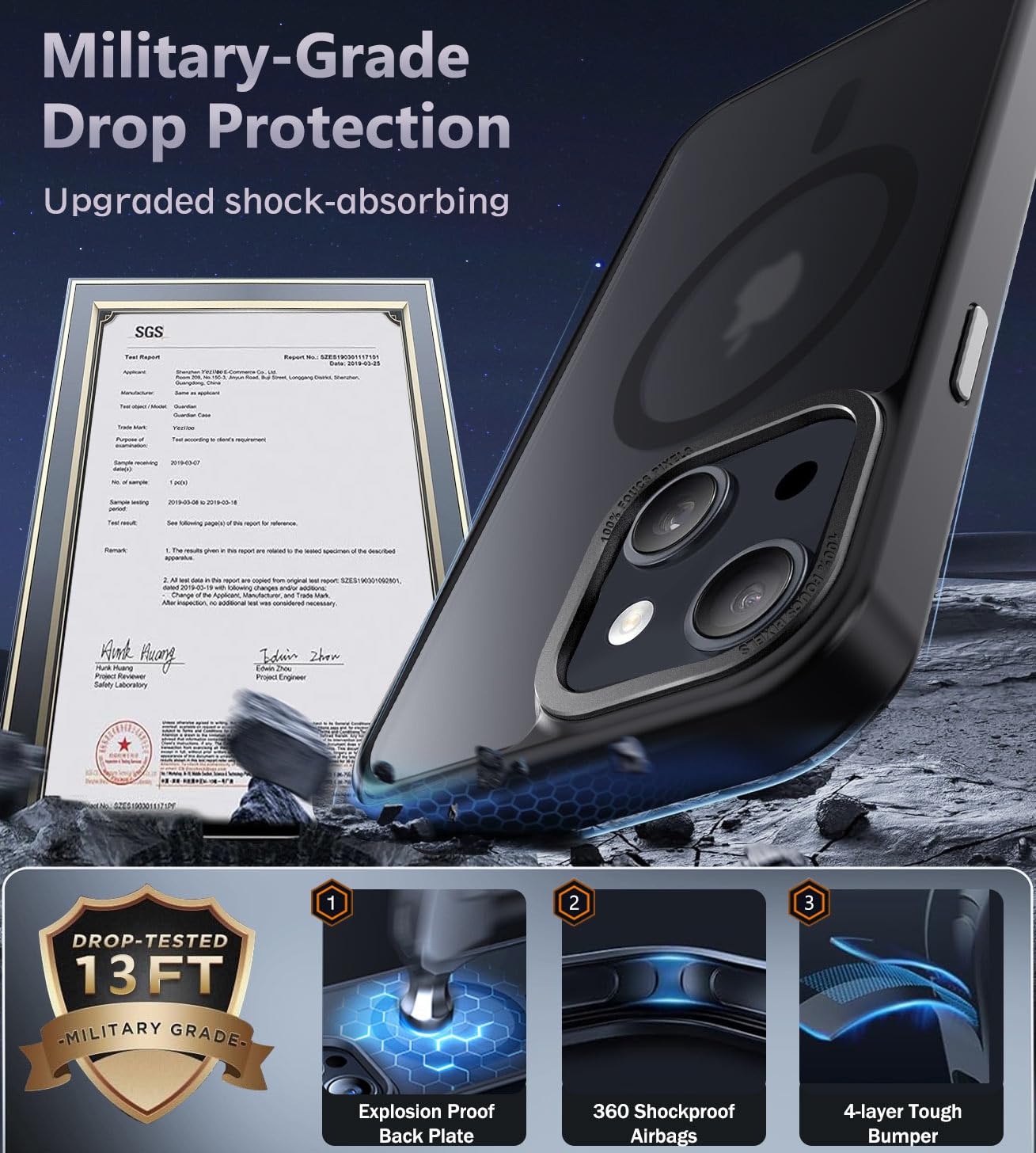 Newfuture Designed for iPhone 13 Case & iPhone 14 Case with Magnetic [13 FT Military Drop Protection] [Compatible with Magsafe] Slim Translucent Shockproof with Anti-Fingerprint Phone Case, Black