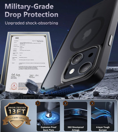 Newfuture Designed for iPhone 13 Case & iPhone 14 Case with Magnetic [13 FT Military Drop Protection] [Compatible with Magsafe] Slim Translucent Shockproof with Anti-Fingerprint Phone Case, Black