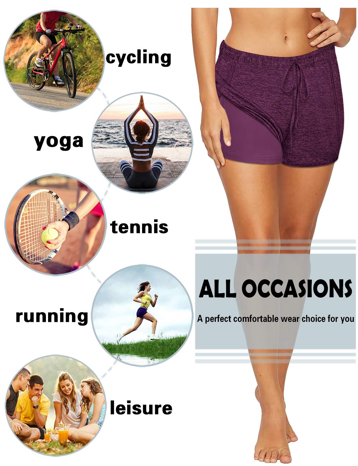 BLEVONH Women Yoga Running Shorts 2 in 1 Workout Athletic Shorts with Pockets Black Grey XL