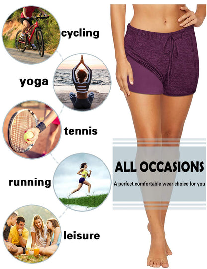 BLEVONH Women Yoga Running Shorts 2 in 1 Workout Athletic Shorts with Pockets Black Grey XL