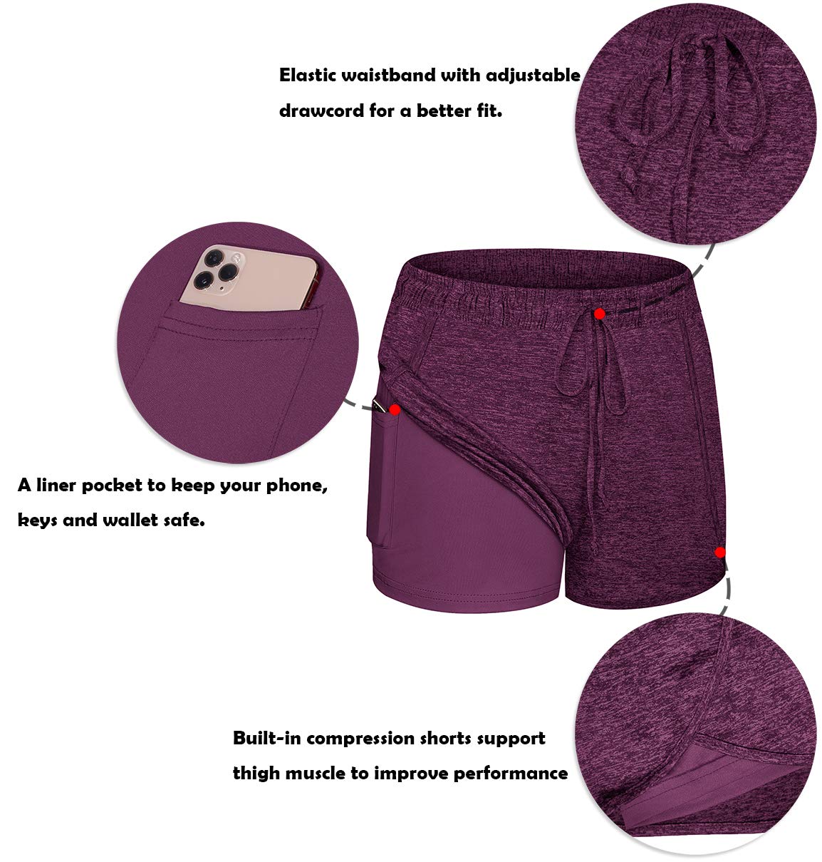 BLEVONH Women Yoga Running Shorts 2 in 1 Workout Athletic Shorts with Pockets Black Grey XL