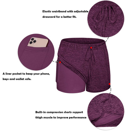 BLEVONH Women Yoga Running Shorts 2 in 1 Workout Athletic Shorts with Pockets Black Grey XL