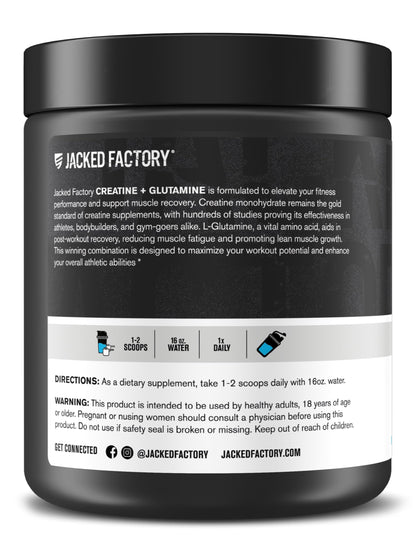 Jacked Factory Creatine + Glutamine - Creatine Supplement with L-Glutamine for Muscle Recovery, Muscle Growth, Increased Strength, Enhanced Energy Output, and Gut Health - 30 Servings, Unflavored