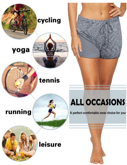 BLEVONH Women Yoga Running Shorts 2 in 1 Workout Athletic Shorts with Pockets Black Grey XL