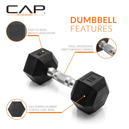 CAP Barbell 150 LB Coated Hex Dumbbell Weight Set with Vertical Rack, Black