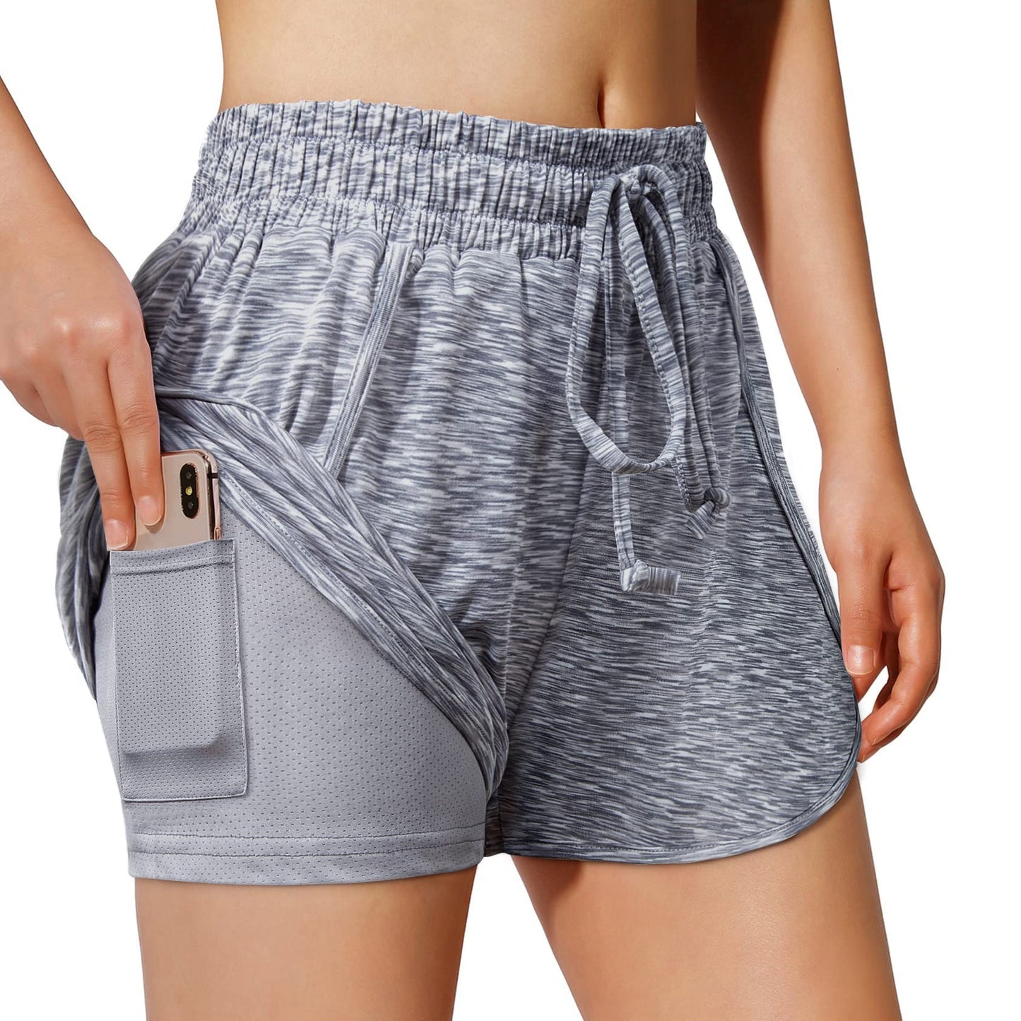 BLEVONH Women Yoga Running Shorts 2 in 1 Workout Athletic Shorts with Pockets Black Grey XL
