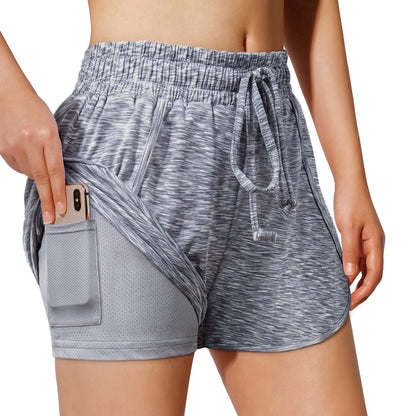 BLEVONH Women Yoga Running Shorts 2 in 1 Workout Athletic Shorts with Pockets Black Grey XL