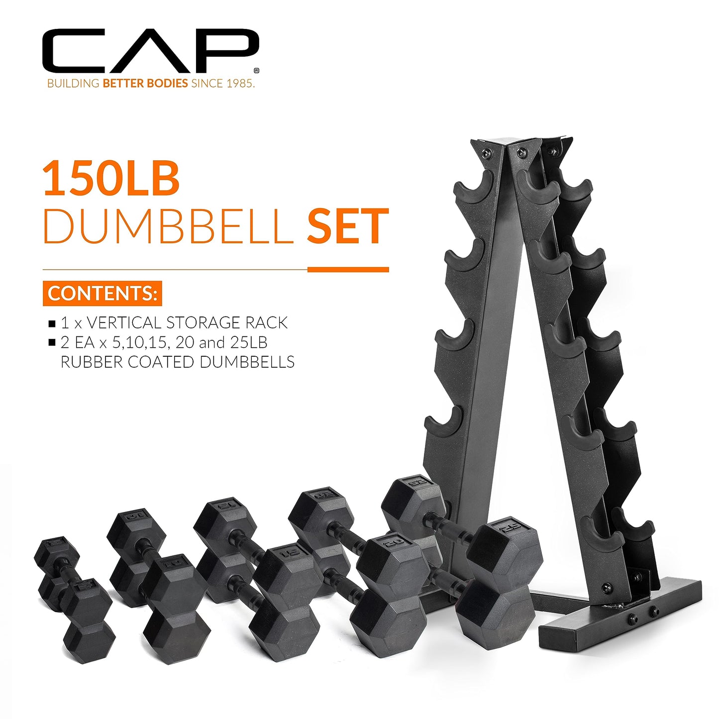 CAP Barbell 150 LB Coated Hex Dumbbell Weight Set with Vertical Rack, Black