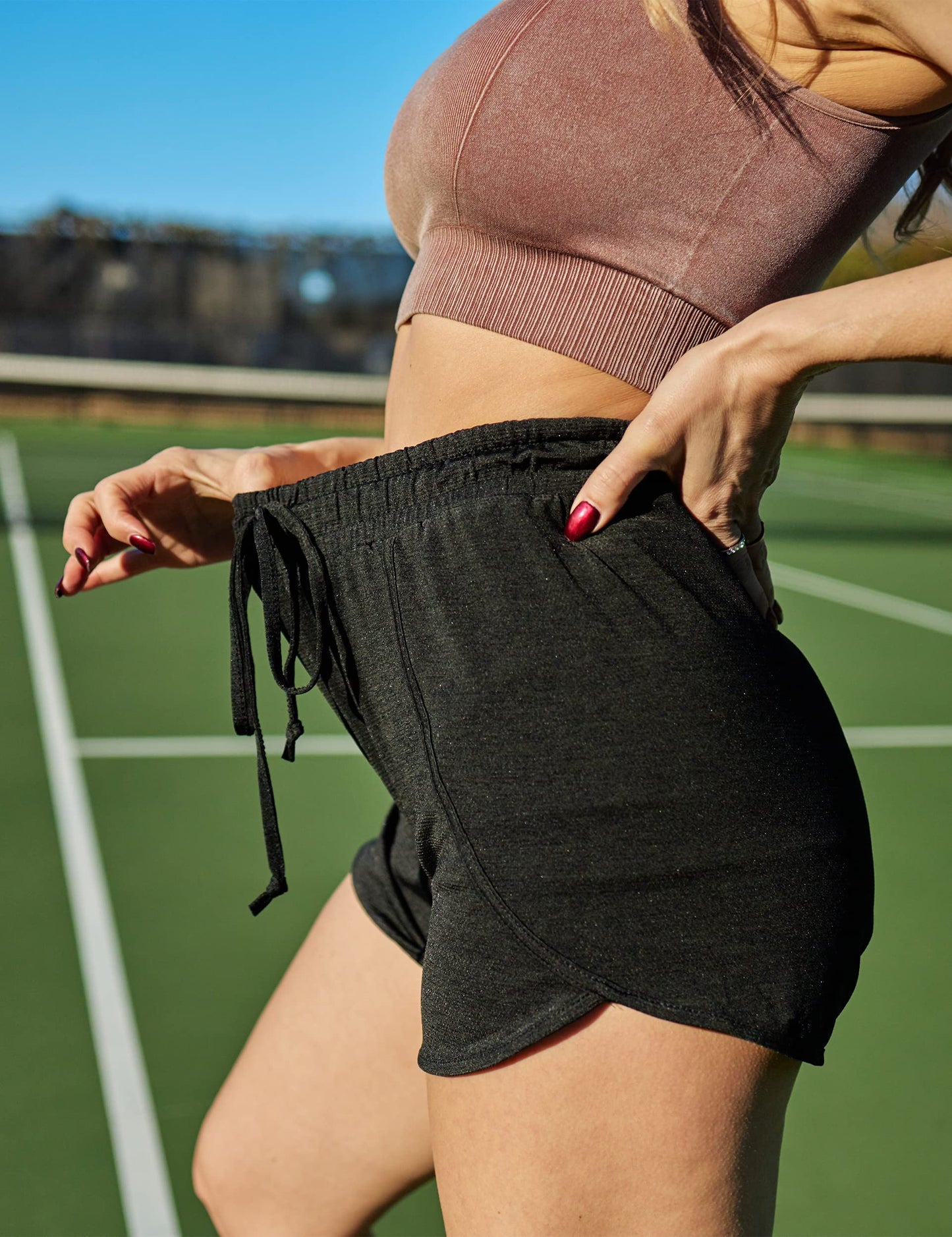 BLEVONH Women Yoga Running Shorts 2 in 1 Workout Athletic Shorts with Pockets Black Grey XL