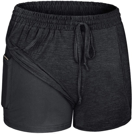 BLEVONH Women Yoga Running Shorts 2 in 1 Workout Athletic Shorts with Pockets Black Grey XL