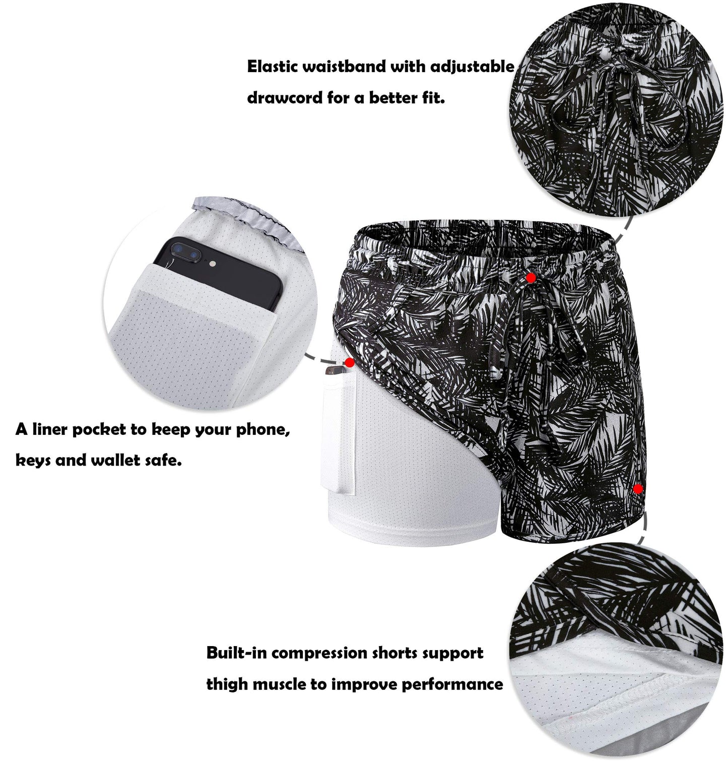 BLEVONH Women Yoga Running Shorts 2 in 1 Workout Athletic Shorts with Pockets Black Grey XL